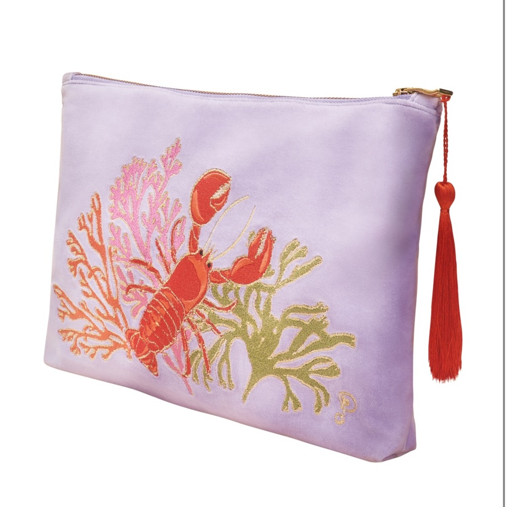 Powder Lobster Buddies lavender luxury velvet embroidered zip pouch w/tassel-NWT